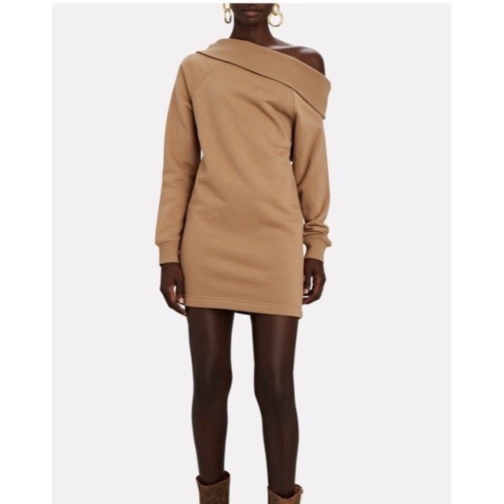 MARISSA WEBB So Relaxed Off The Shoulder Plush Sweatshirt Dress Light Mocha XS